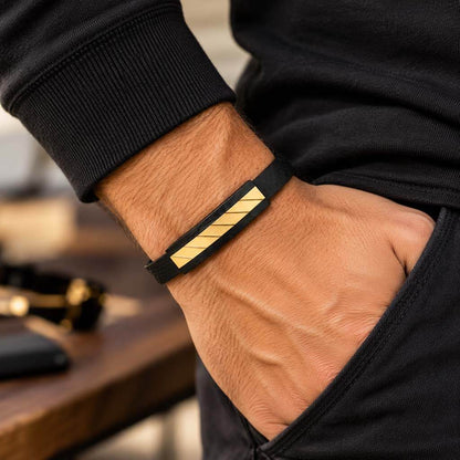 Men's Black Bracelet with Metal Bar Hand Gold – THE AXEL