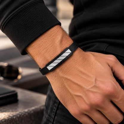 Men's Black Bracelet with Metal Bar Hand Silver – THE AXEL