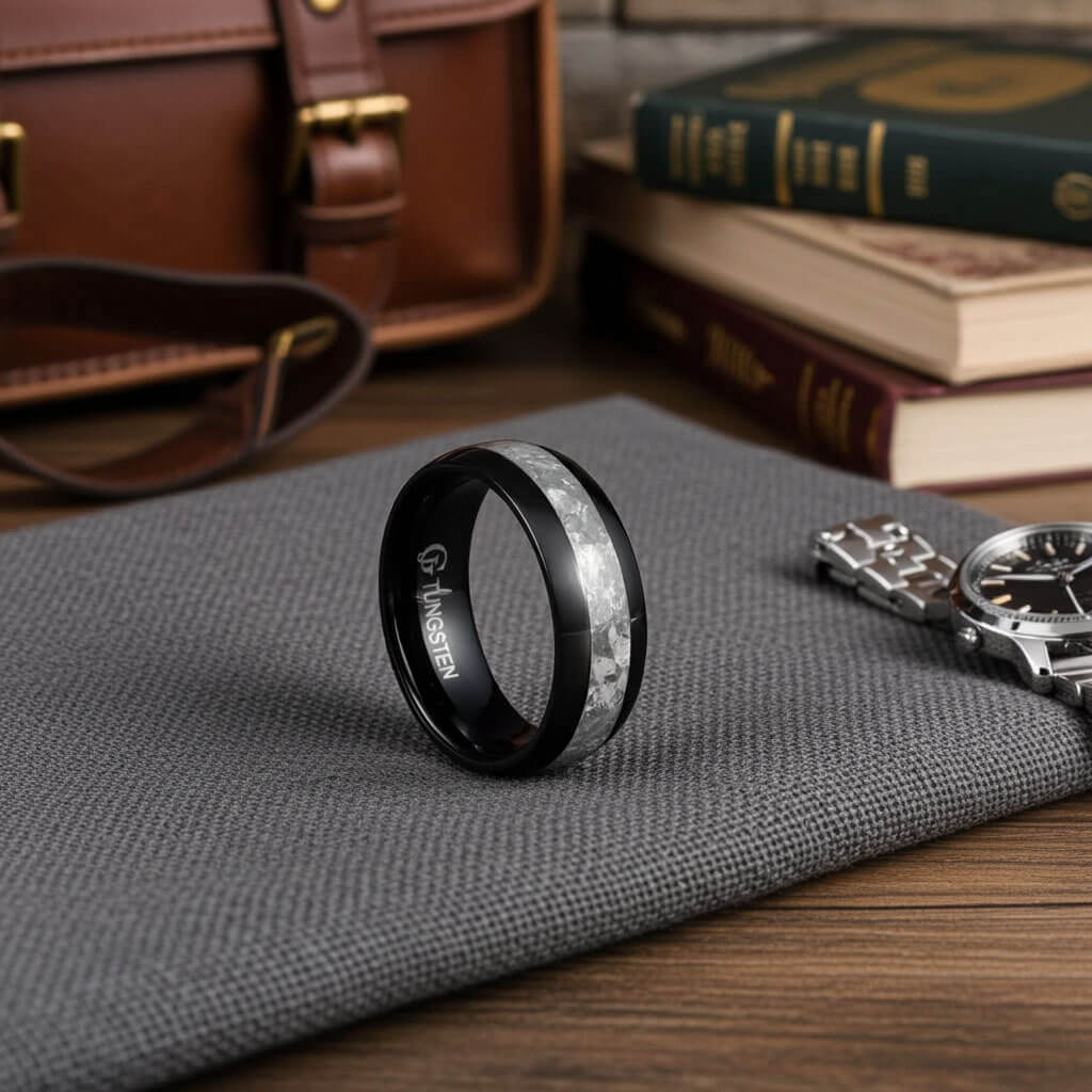 DUNE Black Tungsten Ring with Meteorite 8mm - Gaboni Jewelers