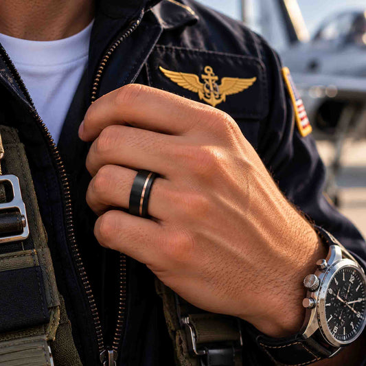 PASTEUR Mens Black Tungsten Wedding Band with Rose Gold