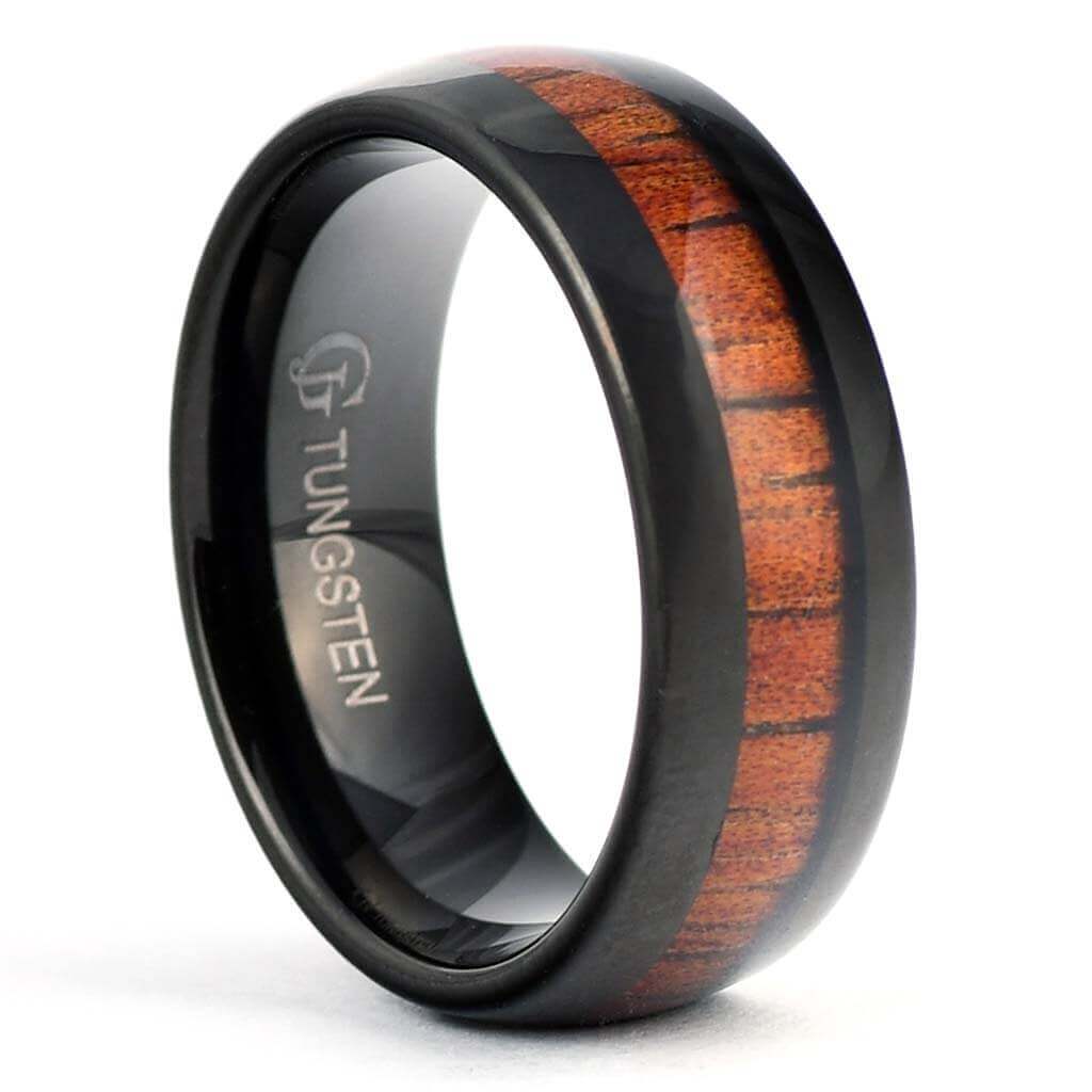 BILLY Tungsten Ring Men's Wedding Band  Koa Wood Inlay Black - Gaboni Jewelers