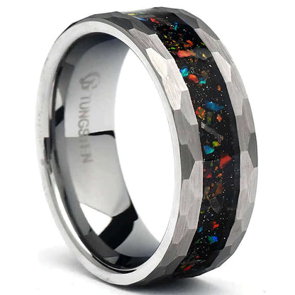 Mens Opal Weddng Band, Black Tungsten Rng, 8mm-6mm, Crushed Whte Mens Opal Weddng Band, Black Tungsten Rng, 8mm-6mm, Crushed Whte