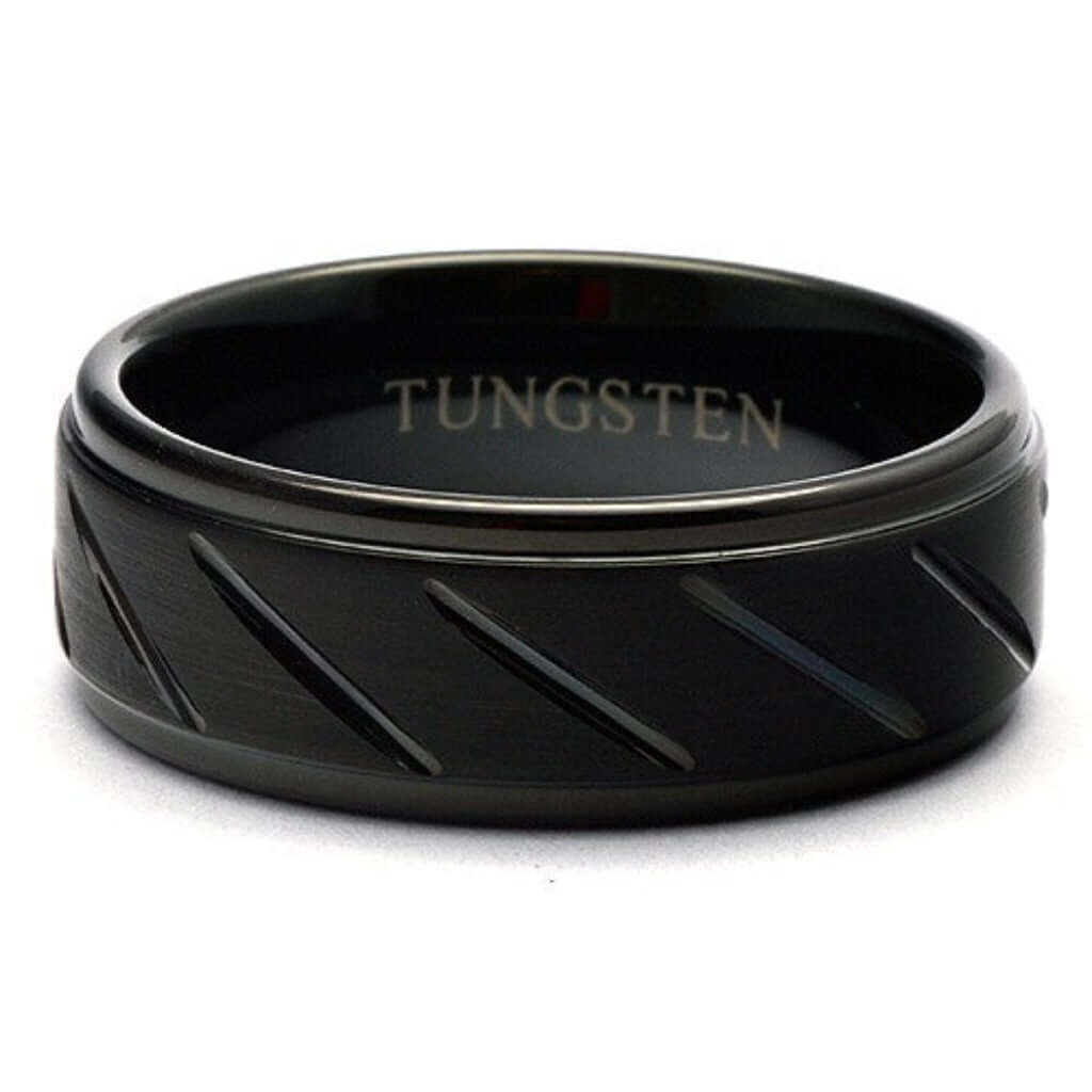 Black Tungsten Men's Wedding Ring Grooved - BALLER