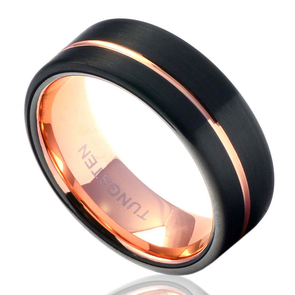 Black Tungsten Ring Offset Rose Gold Stripe - Gaboni Jewelers -PASTEUR