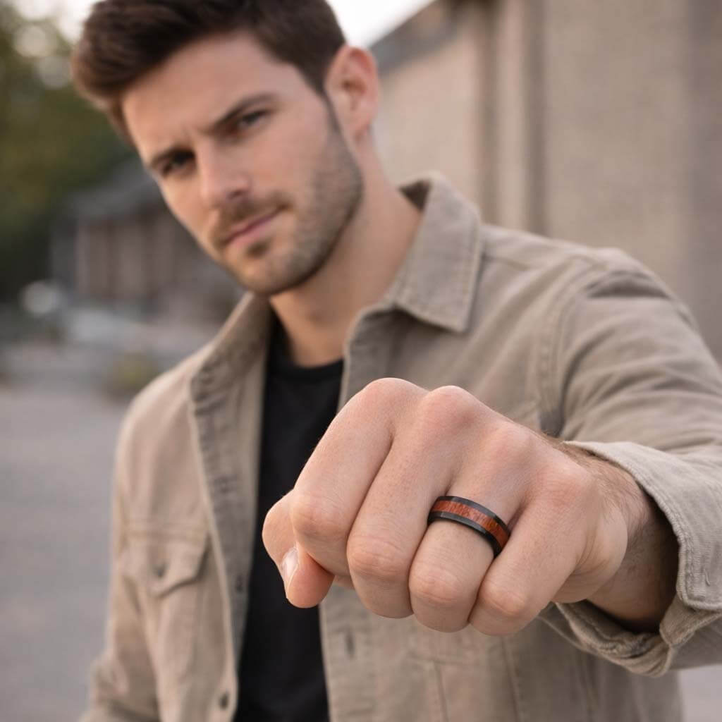 BILLY Black Men's Tungsten Ring with Koa Wood on Hand
