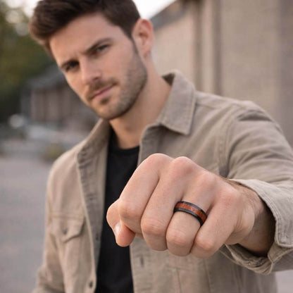 BILLY Black Men's Tungsten Ring with Koa Wood on Hand
