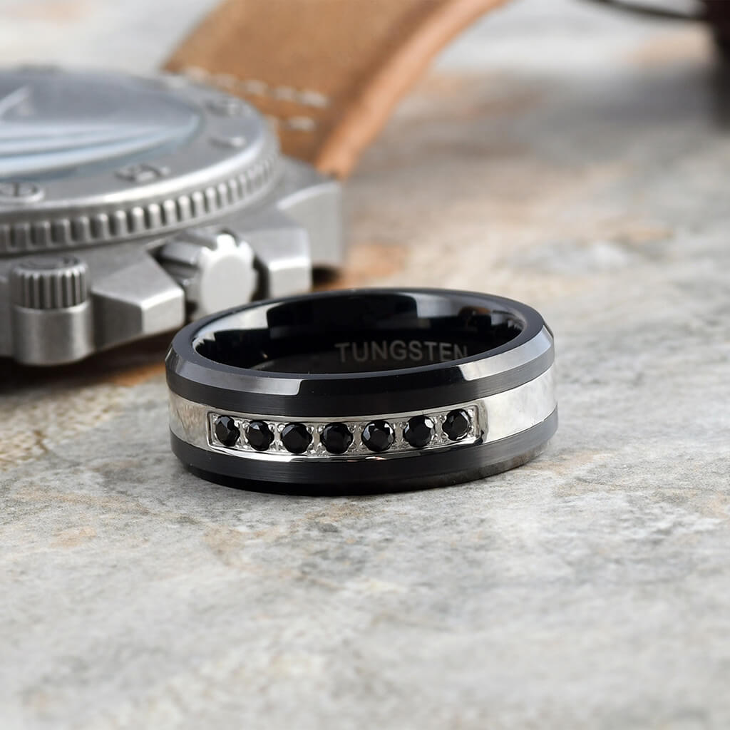 VICO Black Men's Tungsten Wedding Ring Black Diamonds