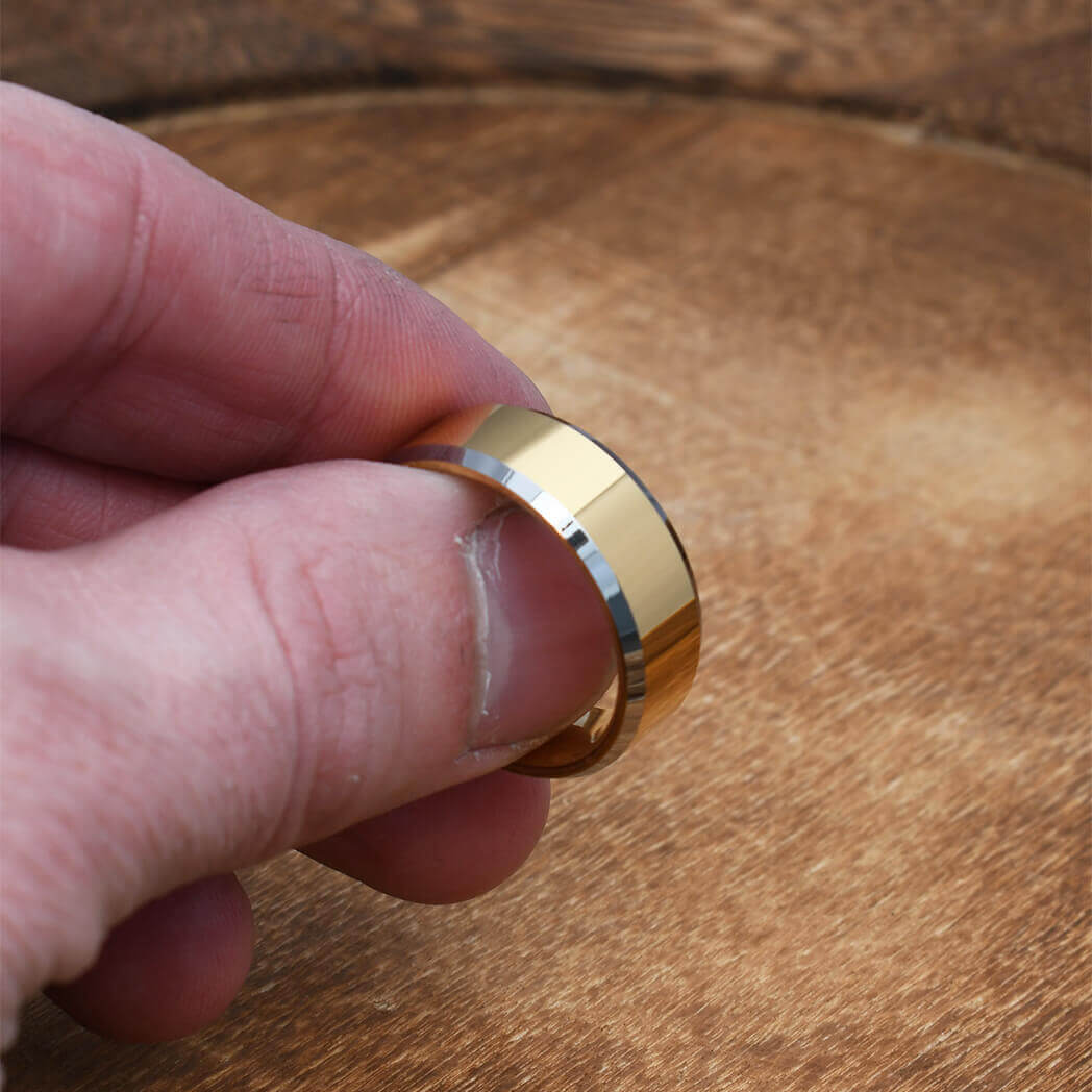 XANTI 8mm Gold Tungsten Wedding Band Beveled Edges