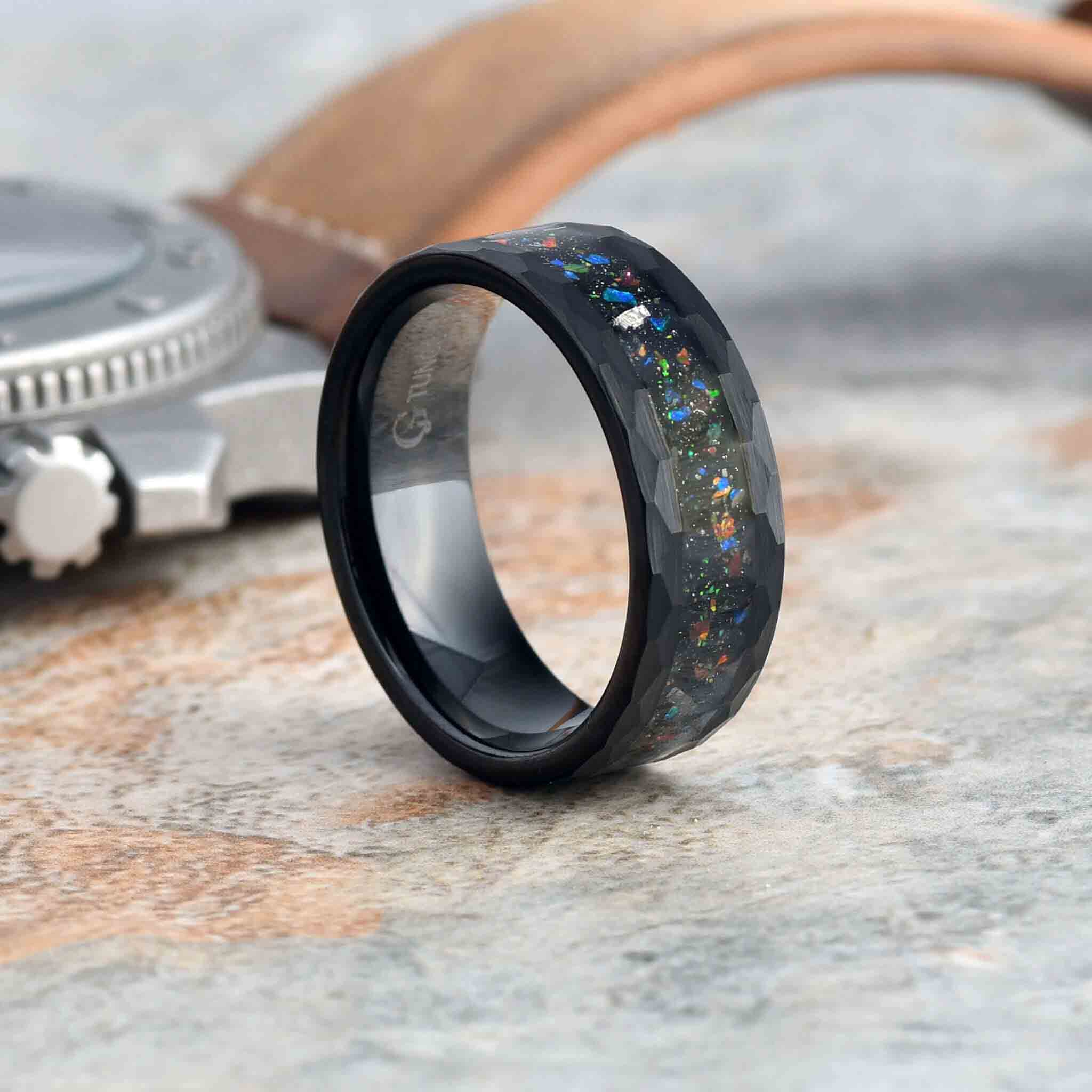 Engraved 8mm Black Tungsten Celestial Galaxy Crushed Opal Mens Engraved 8mm Black Tungsten Celestial Galaxy Crushed Opal Mens