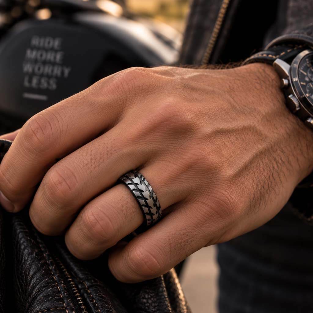 aprilomat mens motorcycle tire tread wedding band ring Gaboni Jewelers