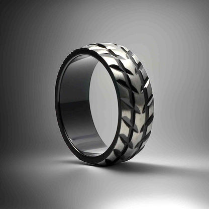 aprilomat mens motorsport wedding band ring tire tread design Gaboni Jewelers