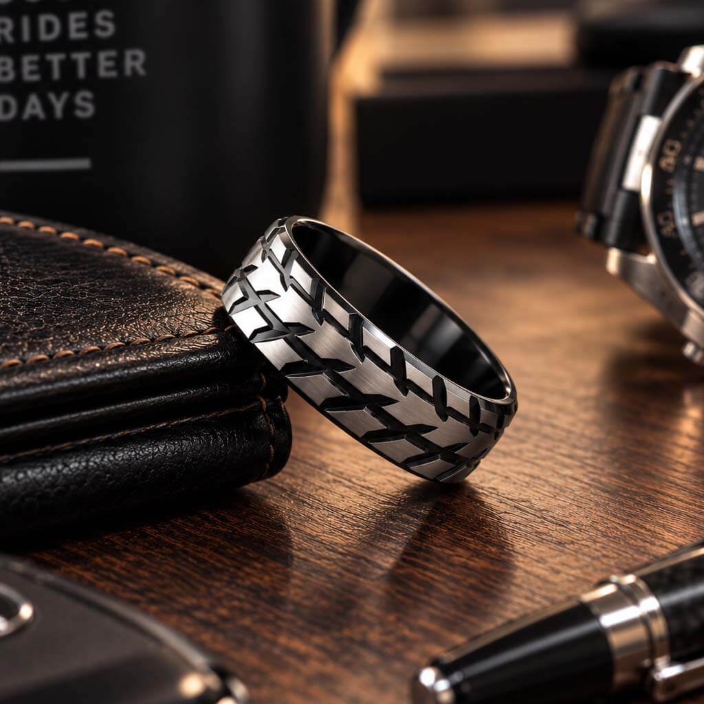 black zirconium motorcycle wedding band aprilomat Gaboni Jewelers