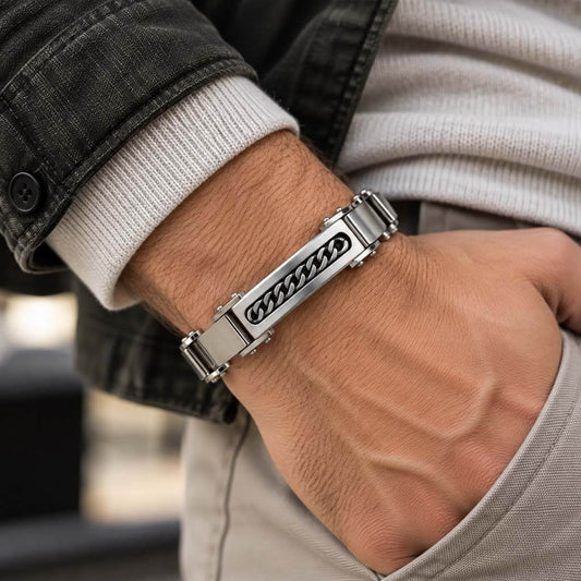 Men's Bracelet Stainless Steel with Cable Insert - 8.5" Hand - Gaboni Jewelers