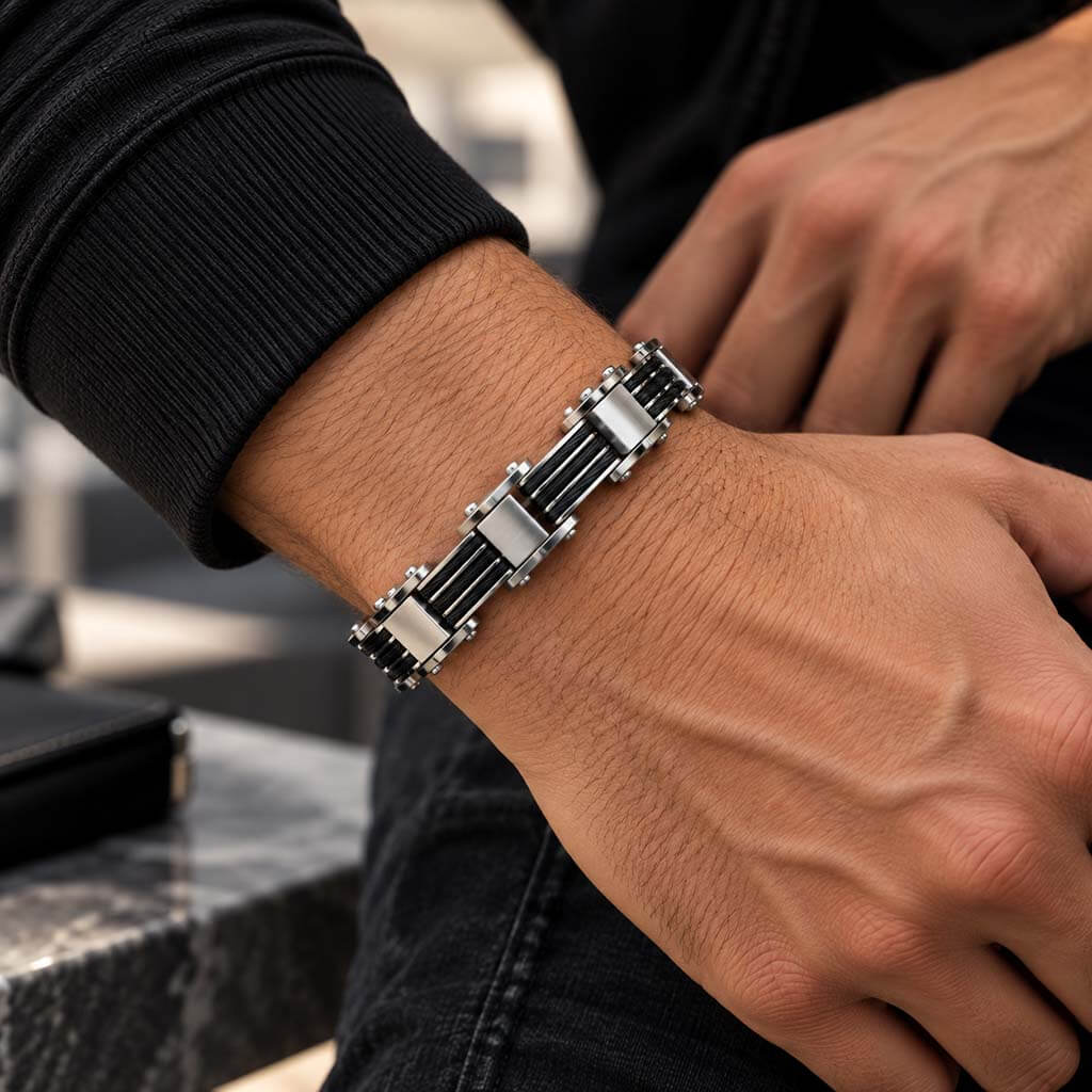 Men's 17mm Rubber and Stainless Steel Bracelet Hand - 8.5" - Gaboni 