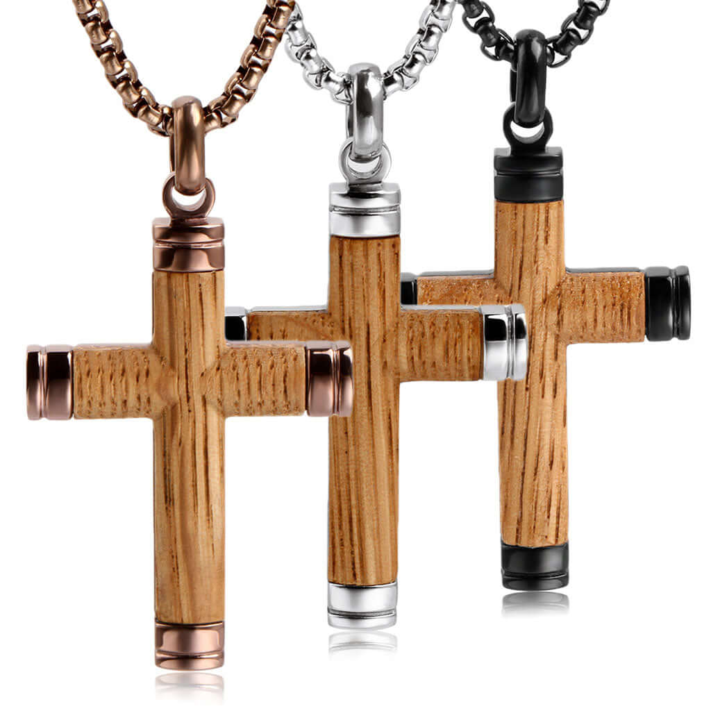 Herren Holz Kreuz Halskette Anhänger Edelstahl 24" Kette