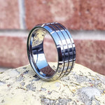TOGER Mens Tungsten Carbide Ring Cross Grooved & Beveled Shiny