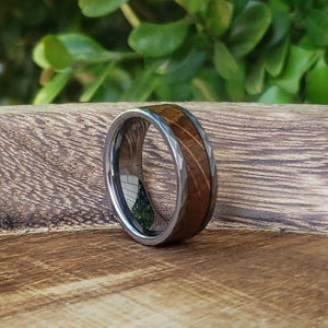 Hammered Tungsten Wedding Band with Whiskey Barrel Wood -JIM