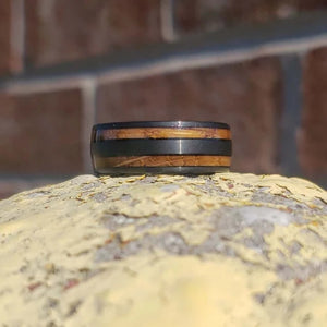 JOHNNIE Black Men's Wedding Ring Whiskey Barrel in Tungsten - Gaboni Jewelers