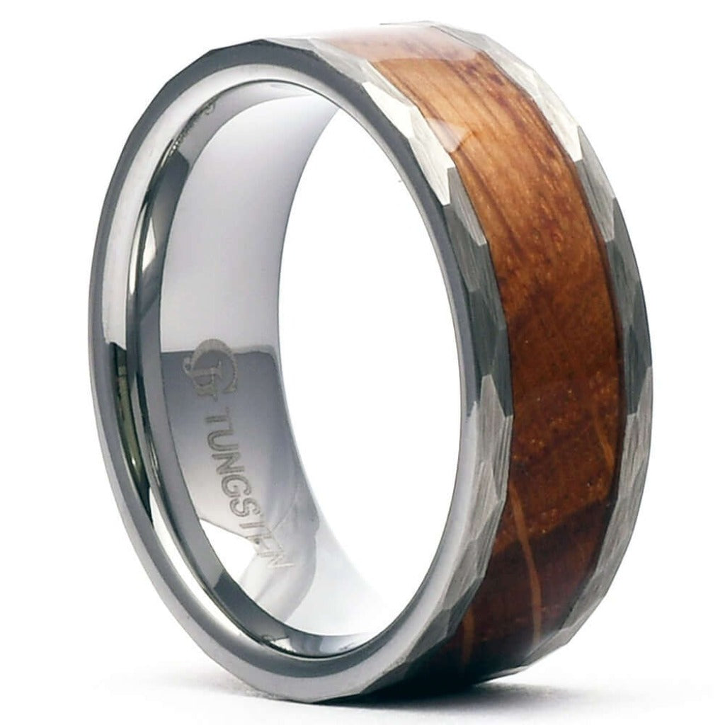 JIM Hammered Tungsten Wedding Band with Whiskey Barrel Wood - Gaboni Jewelers