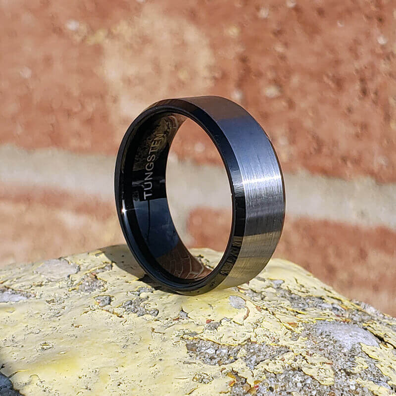 MAT Men's Wedding Ring in Tungsten with Black Bevels