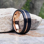 PASTEUR Black Tungsten Ring Offset Rose Gold Stripe -c- Gaboni Jewelers