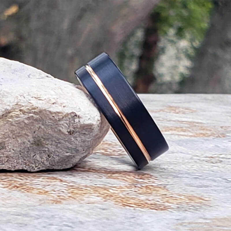 PASTEUR Black Tungsten Ring Offset Rose Gold Stripe -d- Gaboni Jewelers