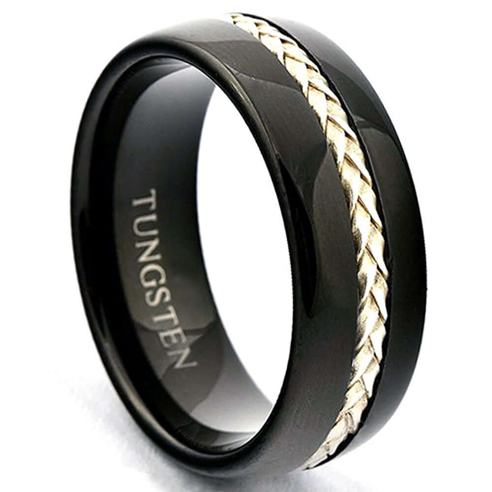DETOR Braided Tungsten Wedding Band Silver Inlay Black Ring - Gaboni Jewelers