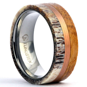 HUNTER Antler Men's Wedding Band Whiskey Barrel Ring - Gaboni Jewelers