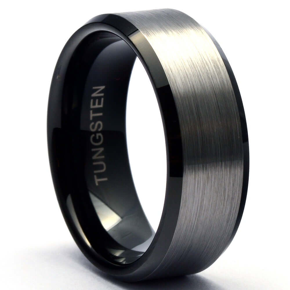 MAT Men's Wedding Ring in Tungsten with Black Bevels