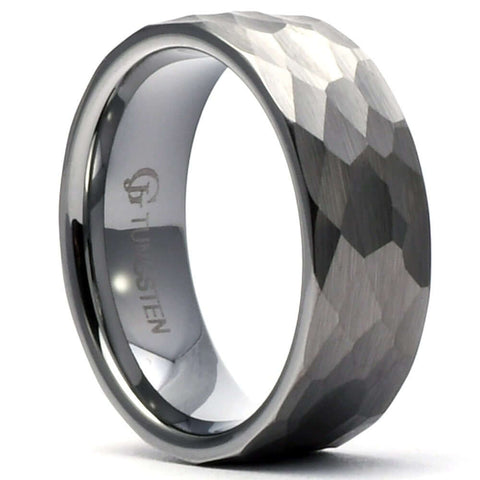 ATLAS Tungsten Silver Ring for Men Hammered 8mm- Gaboni Jewelers