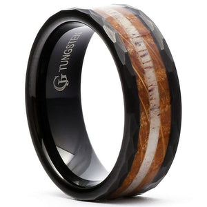 JAMES Black Mens Wedding Ring w/ Whiskey Barrel Wood & Antler in Tungsten - Gaboni Jewelers