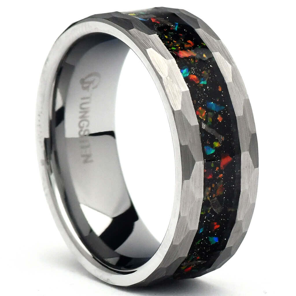 Tungsten / Galaxy Opal Men's Wedding Band Hammered - Gaboni Jewelers