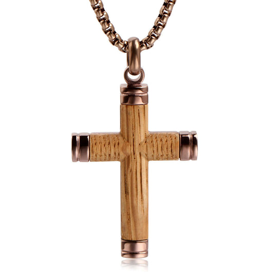 Wood Men's Cross Necklace Pendant Stainless Steel 24" Chain Brown - Gaboni Jewelers