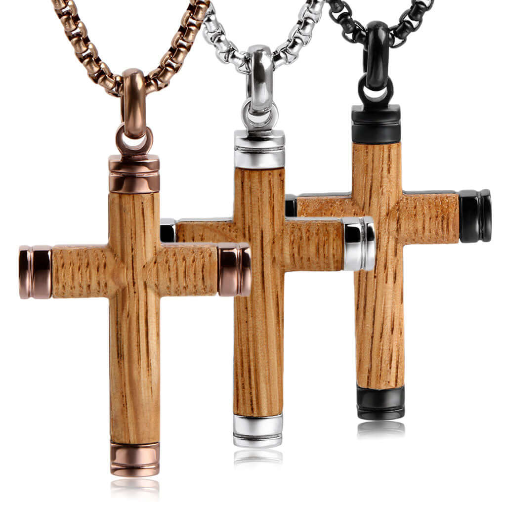 Men's Cross Necklace with Whiskey Barrel Wood, Stainless Steel Pendant 24" Chain