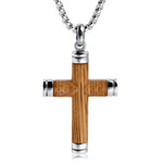 Men's Wood Cross Necklace Pendant Stainless Steel 24" Chain