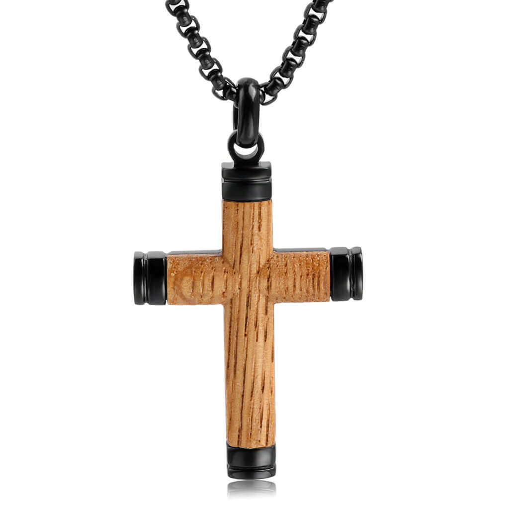 Men's Wood Cross Necklace Pendant Stainless Steel 24 Chain - Black / Stainless Steel / Wood