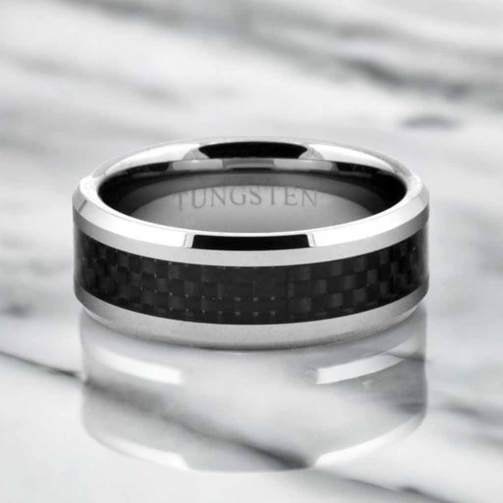 Tungsten Black Carbon Fiber Inlay Ring 8mm Tungsten Ring