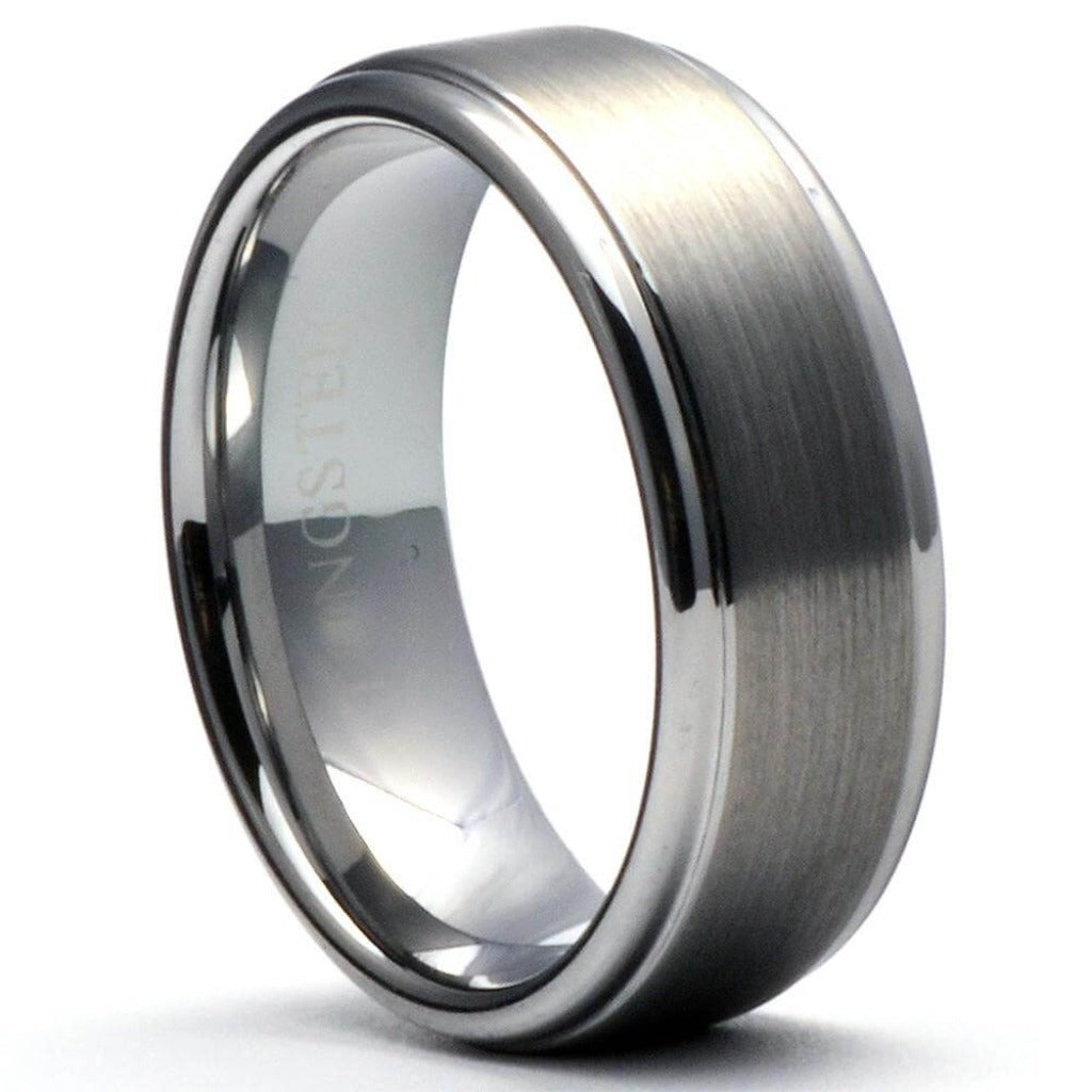 CARRER Brushed Tungsten Wedding Band with Step Edges - Gaboni Jewelers