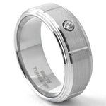 DRAGO Brushed Finish White Tungsten Wedding Ring Step Edge & Stone - Gaboni Jewelers