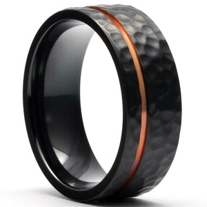 FAGART Black Zirconium Hammered Wedding Ring Offset Rose Gold Stripe - Gaboni Jewelers