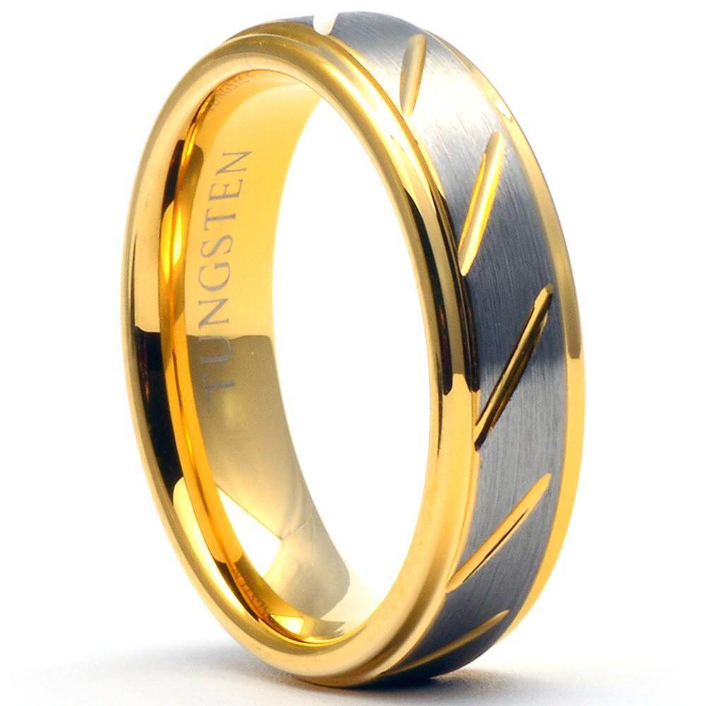 GOLDEX 6mm Tungsten Wedding Ring Brushed Channels Gold Color - Gaboni Jewelers