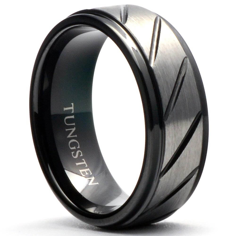 HADES 6mm Black Tungsten Wedding Ring Grooved Step Edges Matte - Gaboni Jewelers