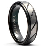 HADES Black Tungsten Ring Brushed Diagonal-Grooves Step Edges - Gaboni Jewelers