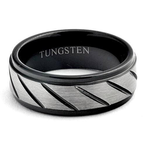 HADES Black Tungsten Ring Brushed Diagonal-Grooves Step Edges - Gaboni Jewelers