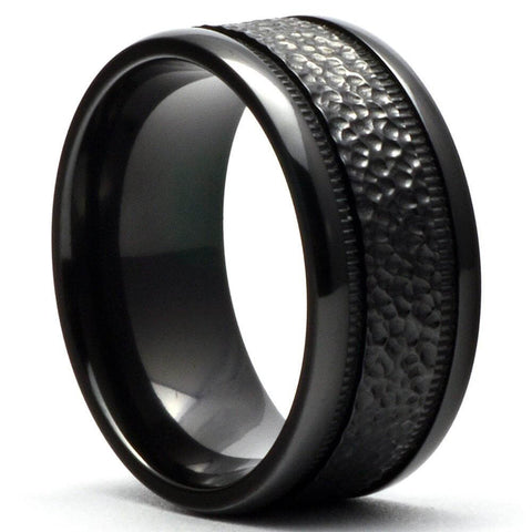 HYPOS Black Zirconium Mens Ring Hammered Wedding Band - Gaboni Jewelers