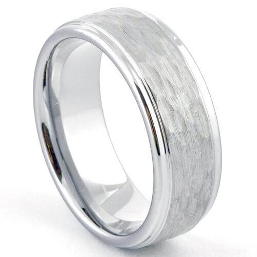 MACAT Hammered Ring White Tungsten Wedding Band with Step Edges - Gaboni Jewelers