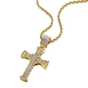 Men's Cross Pendant in Stainless Steel Iced Cubic Zirconia Necklace 30" Chain - Gaboni Jewelers