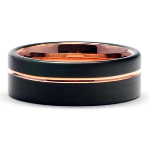 Black Tungsten Carbide Ring Offset Rose Gold Stripe - Gaboni Jewelers -PASTEUR