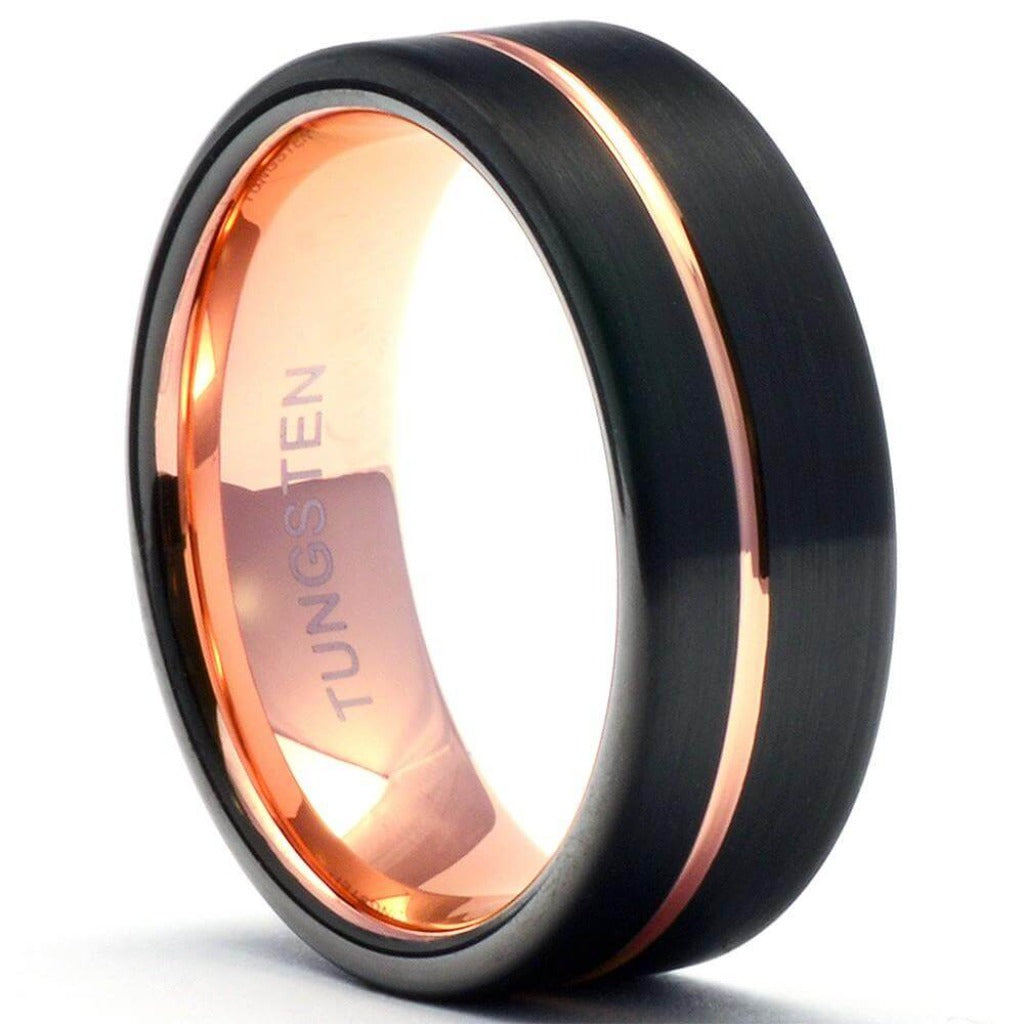 Black Tungsten Ring Offset Rose Gold Stripe - Gaboni Jewelers