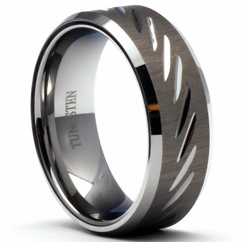 ROTAR Matte Tungsten Wedding Ring Diagonal Grooved & Beveled - Gaboni Jewelers